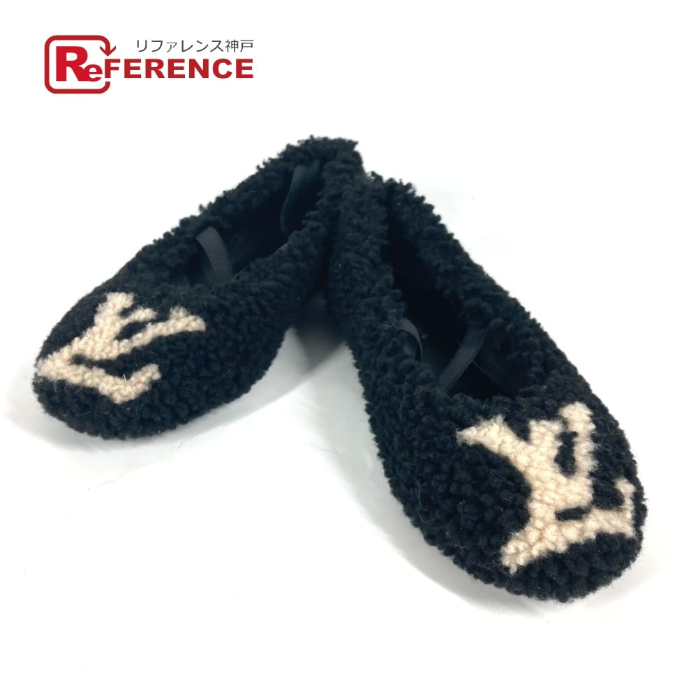 Louis Vuitton LOUIS VUITTON Fur LV logo Flat shoes, shoes, flats pumps fur Black/Beige