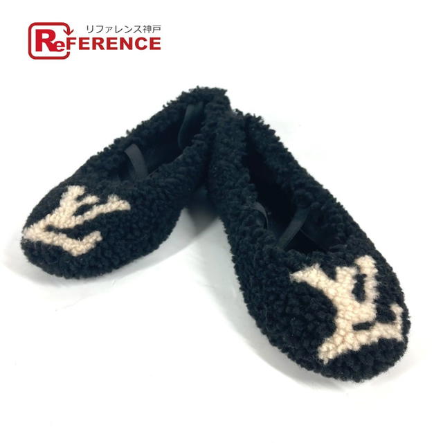 Louis Vuitton LOUIS VUITTON Fur LV logo Flat shoes, shoes, flats pumps fur Black/Beige - view 1