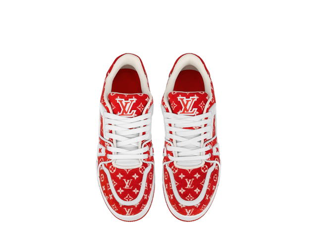 Louis Vuitton Louis Vuitton LV Trainer Sneaker In Red Monogram Textile-Rubber Outsole With LV Initials - view 3