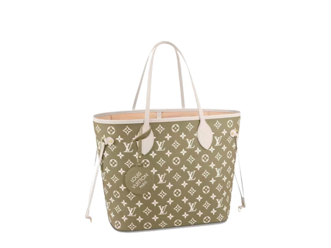 Louis Vuitton Louis Vuitton Neverfull MM In Monogram-Embossed Leathers With Gold-Color Hardware Khaki Green Beige Cream