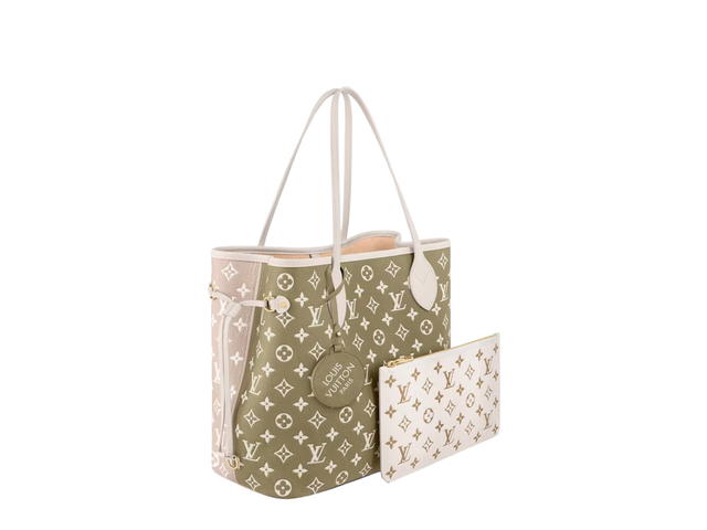 Louis Vuitton Louis Vuitton Neverfull MM In Monogram-Embossed Leathers With Gold-Color Hardware Khaki Green Beige Cream - view 2