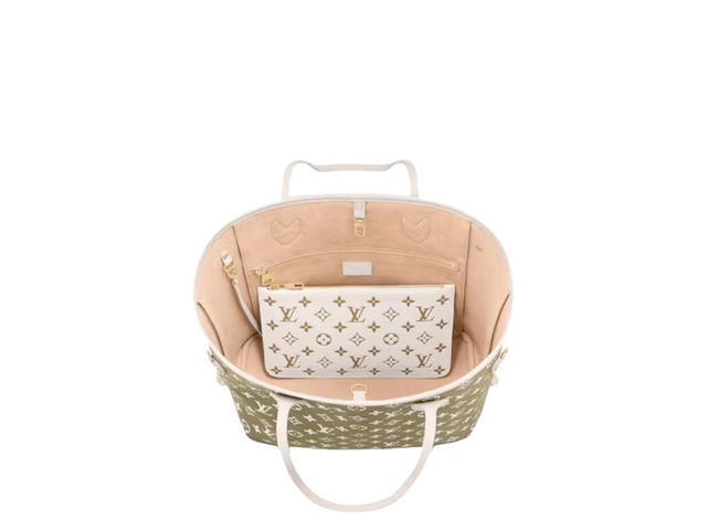 Louis Vuitton Louis Vuitton Neverfull MM In Monogram-Embossed Leathers With Gold-Color Hardware Khaki Green Beige Cream - view 3