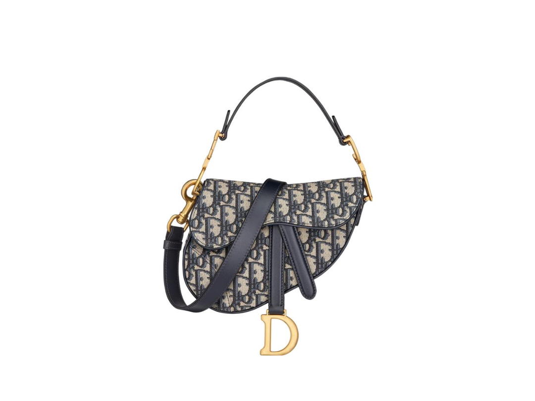 Dior Dior Mini Saddle Bag With Strap In Blue Dior Oblique Jacquard With Gold Hardware