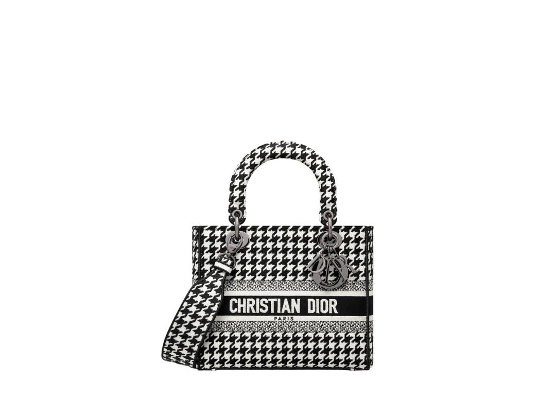 Dior Dior Medium Lady D-Lite Bag In Black-White Houndstooth Embroidery With Ruthenium-Finish Metal