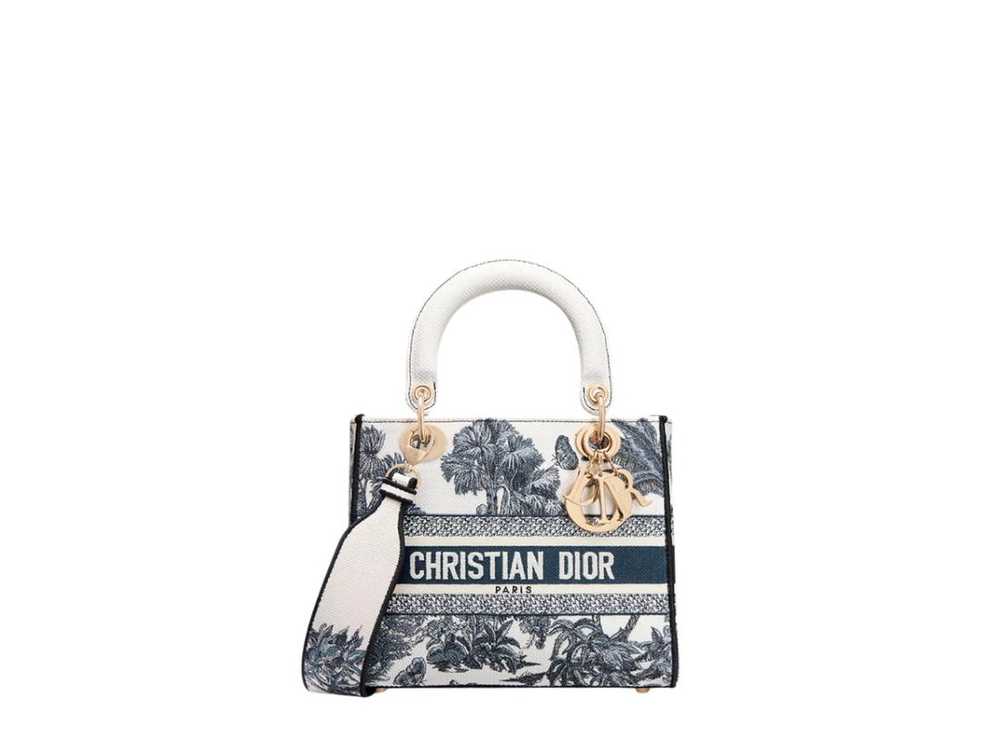 Dior Dior Dioriviera Medium Lady D-Lite Bag In White And Blue Toile De Jouy Palms Embroidery With Gold Hardware