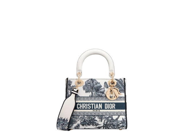 Dior Dior Dioriviera Medium Lady D-Lite Bag In White And Blue Toile De Jouy Palms Embroidery With Gold Hardware - view 1