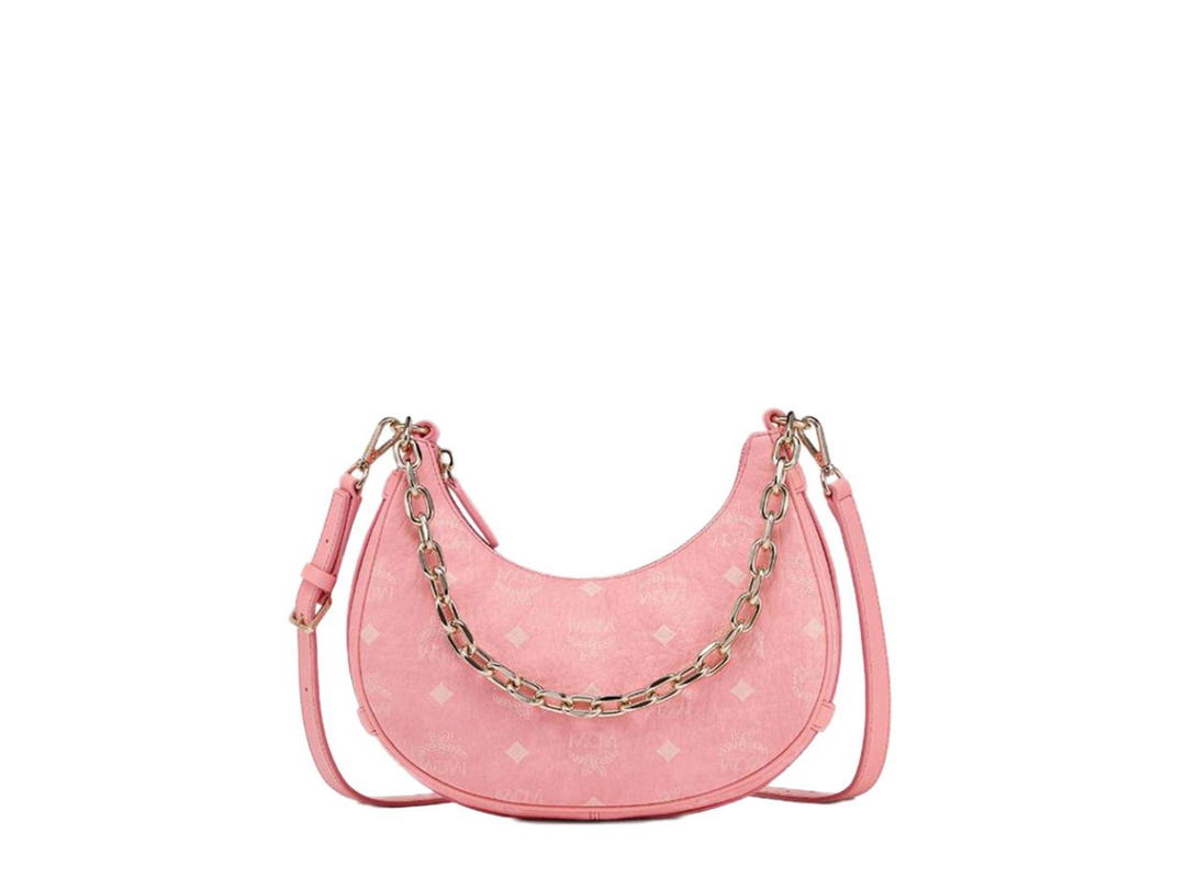 MCM MCM Aren Crescent Hobo In Pink Visetos Monogram With Palladium Hardware