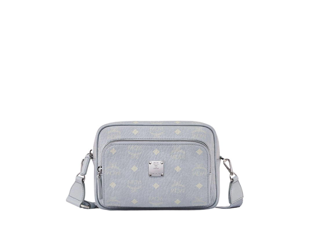 MCM MCM Aren Crossbody In Misty Gray Visetos With MCM Logo Plate Silver-Toned Cobalt Metal Hardware