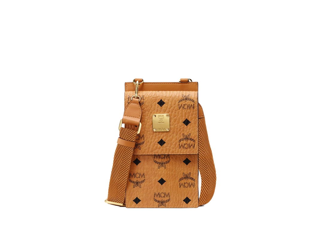 MCM MCM Crossbody Phone Case In Visetos Original With 24K Gold-Plated Hardware Cognac