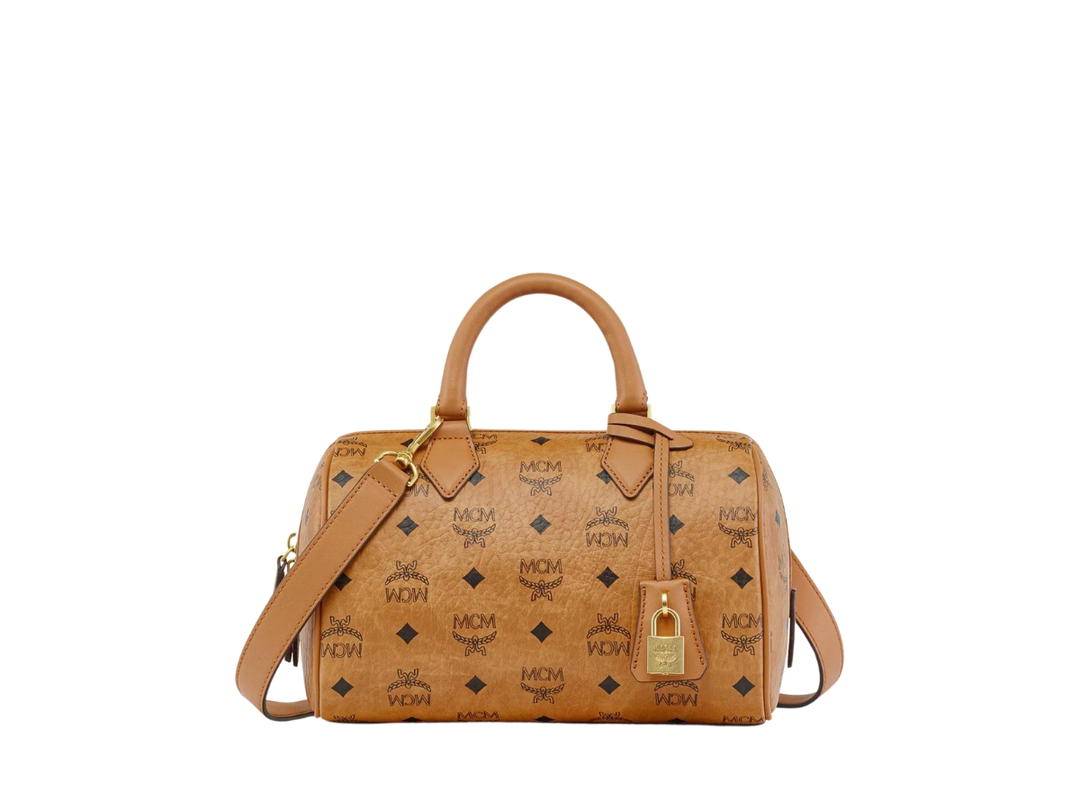 MCM MCM Ella Boston Bag In Visetos Leather With 24K Gold-Plated Metal Hardware Cognac