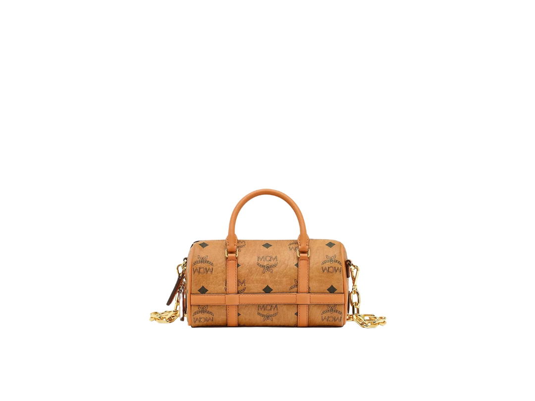 MCM MCM Mini Aren Boston Bag In Visetos Monogram Coated Canvas With 24K Gold-Plated Metal Hardware Cognac