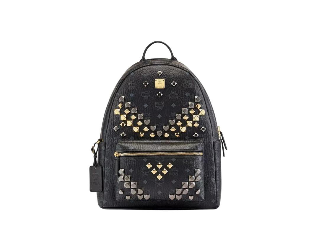 MCM MCM Retro M Studs Stark Backpack In Visetos And Nappa Leather With Gold-Plated Metal Hardware Black