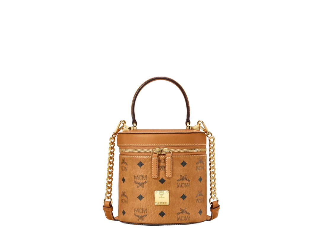 MCM MCM Small Cylinder Crossbody In Visetos Monogram Coated Canvas With 24k Gold-Plated Hardware Cognac