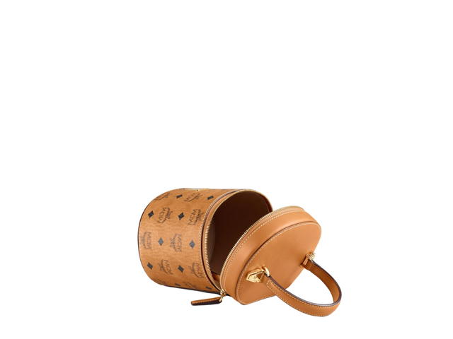 MCM MCM Small Cylinder Crossbody In Visetos Monogram Coated Canvas With 24k Gold-Plated Hardware Cognac - view 3