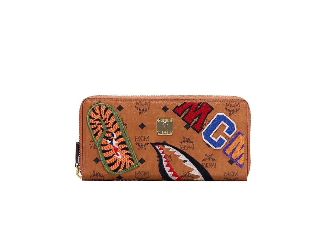 MCM MCM x BAPE Shark Zip Wallet In Visetos Cognac