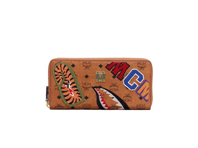 MCM MCM x BAPE Shark Zip Wallet In Visetos Cognac - view 1