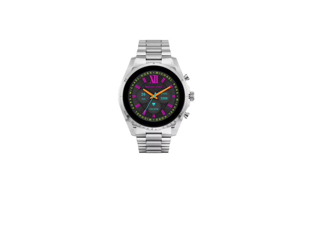 Michael Kors Michael Kors nisex Gen 6 Bradshaw Stainless Steel Smartwatch In silver-tone stainless steel with 2 pusher fold over clasp closure