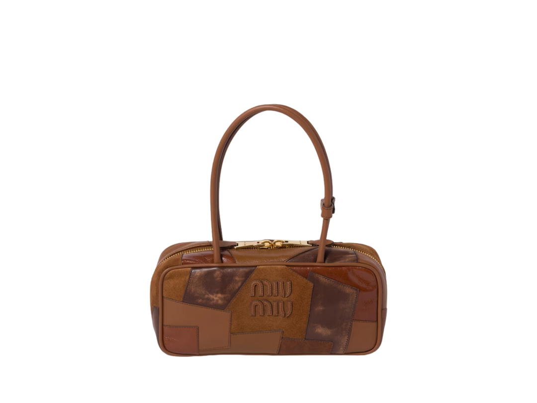 Miu Miu Miu Miu Arcadie Leather Patchwork Bag With Gold-Tone Hardware Cognac