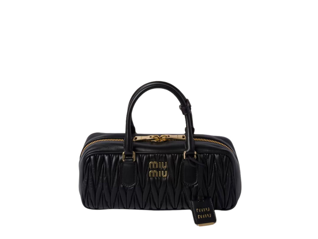 Miu Miu Miu Miu M Wide Arcadie Matelassé Nappa Leather Bag With Metal Lettering Logo And Gold-Tone Hardware Black