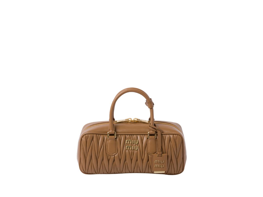 Miu Miu Miu Miu Arcadie Matelassé Nappa Leather Bag With Metal Lettering Logo And Gold-Tone Hardware Caramel