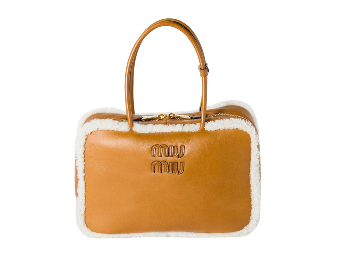 Miu Miu Miu Miu Beau Shearling Top Handle Bag In Leather With Gold-Tone Hardware Cognac Natural