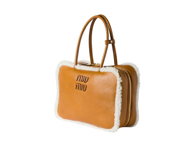 Miu Miu Miu Miu Beau Shearling Top Handle Bag In Leather With Gold-Tone Hardware Cognac Natural - view 2