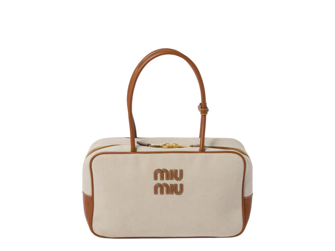 Miu Miu Miu Miu Canvas Top-Handle Bag In Fabric With Gold-tone Hardware Beige-Brandy