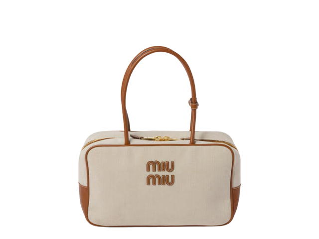 Miu Miu Miu Miu Canvas Top-Handle Bag In Fabric With Gold-tone Hardware Beige-Brandy - view 1