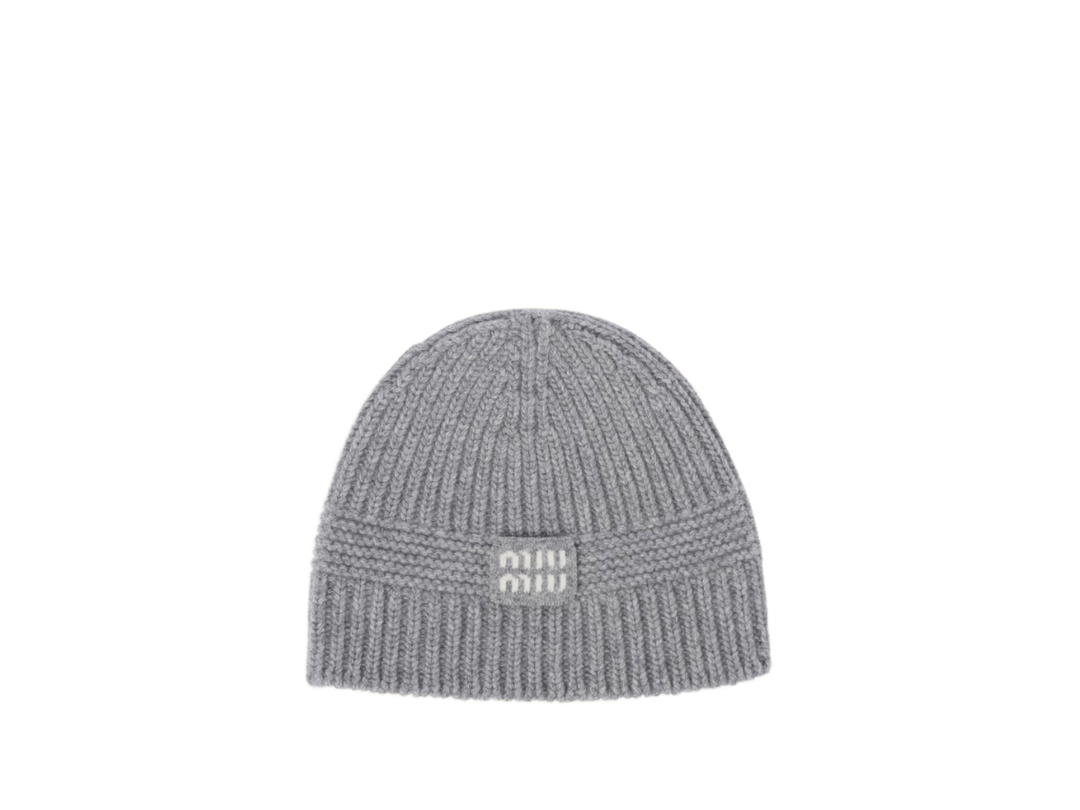Miu Miu Miu Miu Cashmere Beanie In Fabric With Logo Label Grey