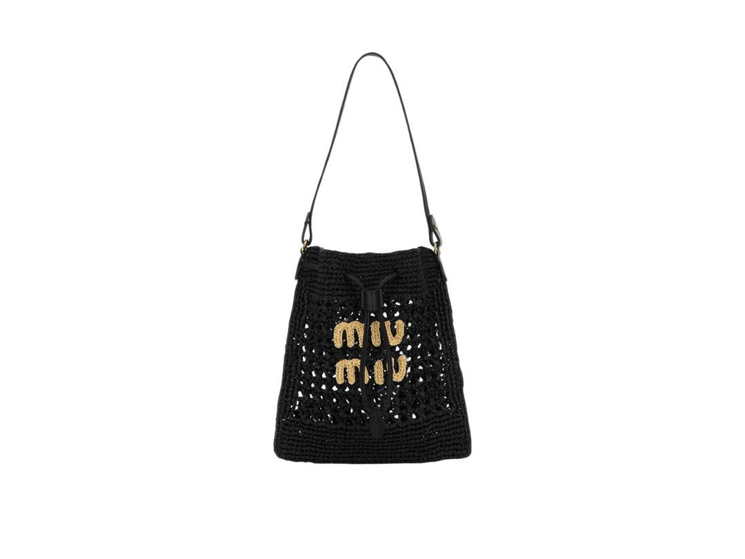 Miu Miu Miu Miu Woven Fabric Mini-Bag In Raffia-Effect Yarn With Embroidered Lettering Logo Black-Tan