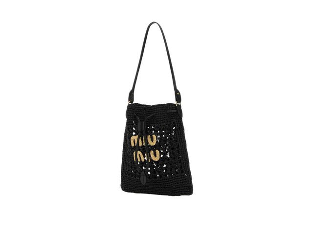 Miu Miu Miu Miu Woven Fabric Mini-Bag In Raffia-Effect Yarn With Embroidered Lettering Logo Black-Tan - view 2