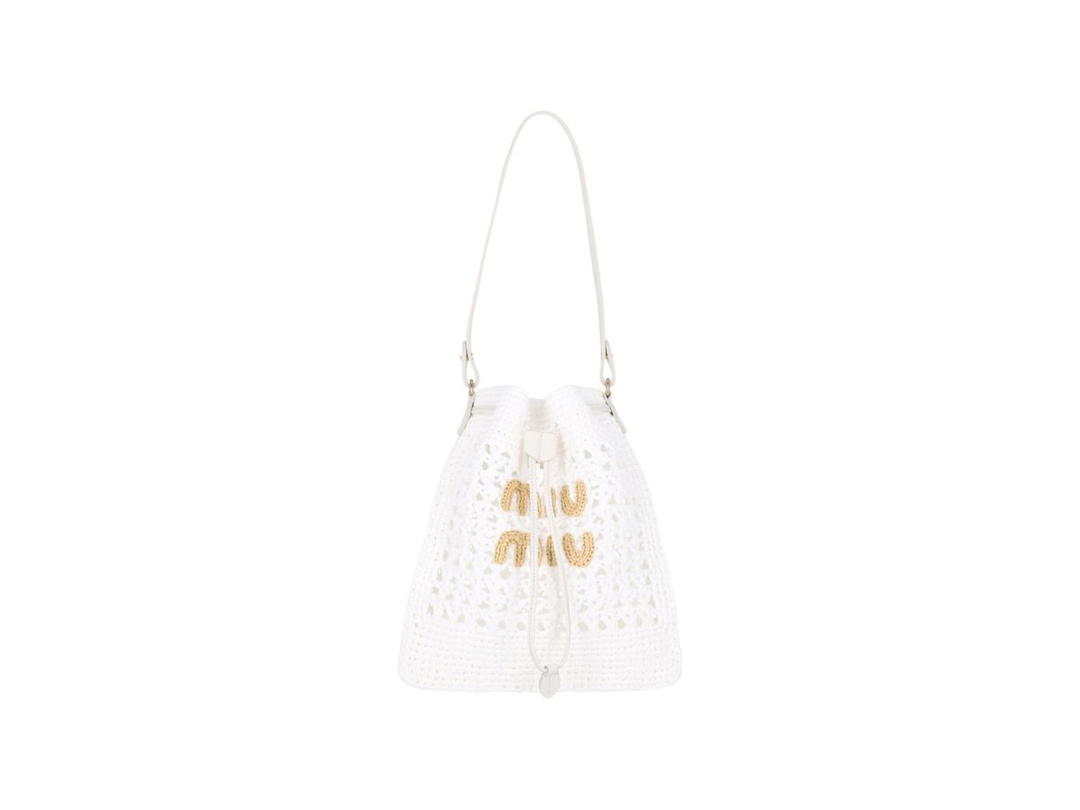 Miu Miu Miu Miu Crochet Bucket Bag In Raffia With Embroidered Logo White