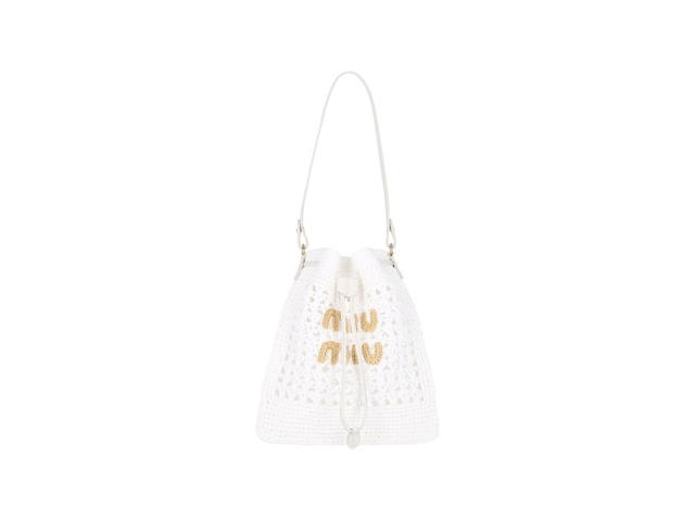 Miu Miu Miu Miu Crochet Bucket Bag In Raffia With Embroidered Logo White - view 1