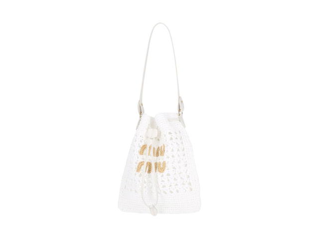 Miu Miu Miu Miu Crochet Bucket Bag In Raffia With Embroidered Logo White - view 2