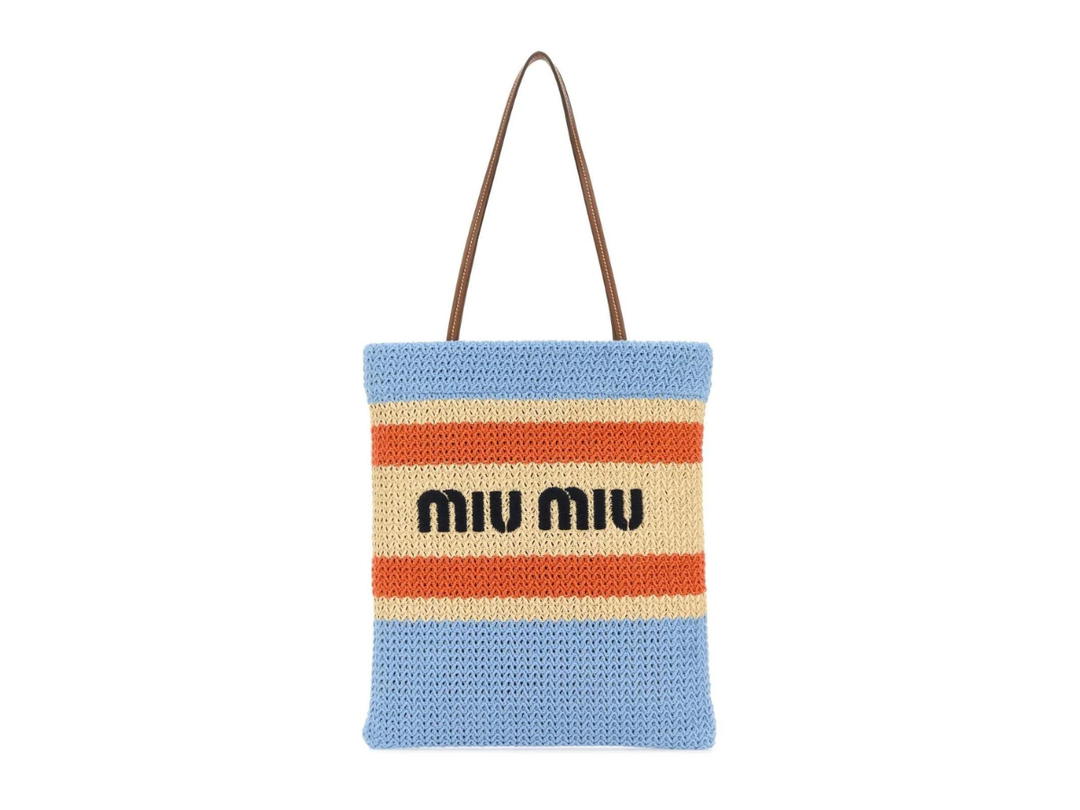 Miu Miu Miu Miu Crochet Tote Bag In Tan-Light Blue Crochet-Leather With Gold-Tone Hardware