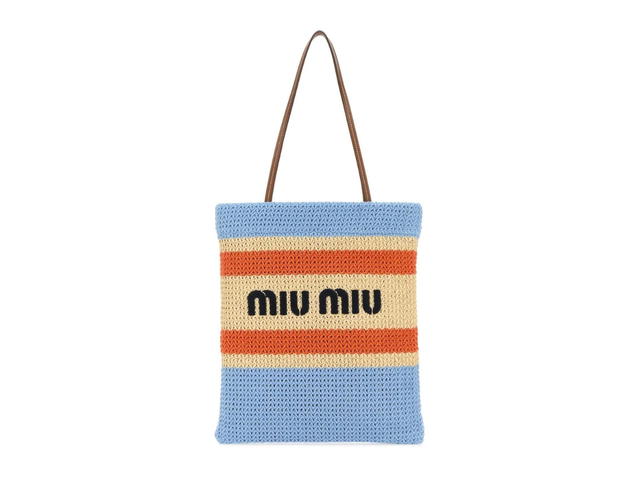 Miu Miu Miu Miu Crochet Tote Bag In Tan-Light Blue Crochet-Leather With Gold-Tone Hardware - view 1