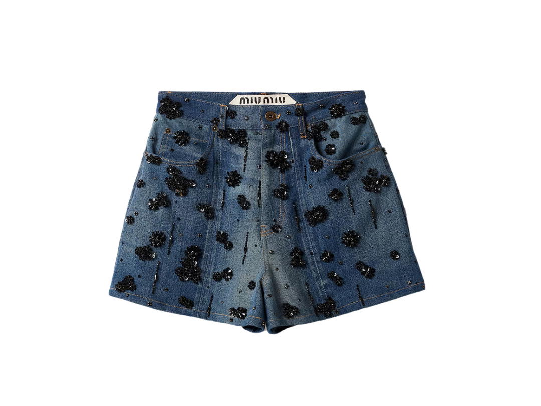 Miu Miu Miu Miu Embellished Denim Shorts In Classic Fit Hight Rise Waist With Black Embroiled Flowers Beads Navy
