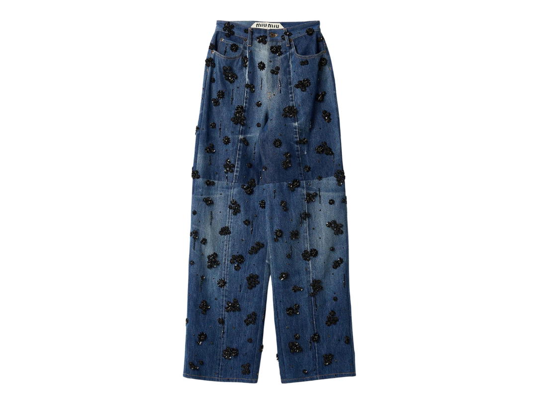 Miu Miu Miu Miu Embellished Five-Pocket Denim Jeans With Black Embroiled Flowers Beads Navy