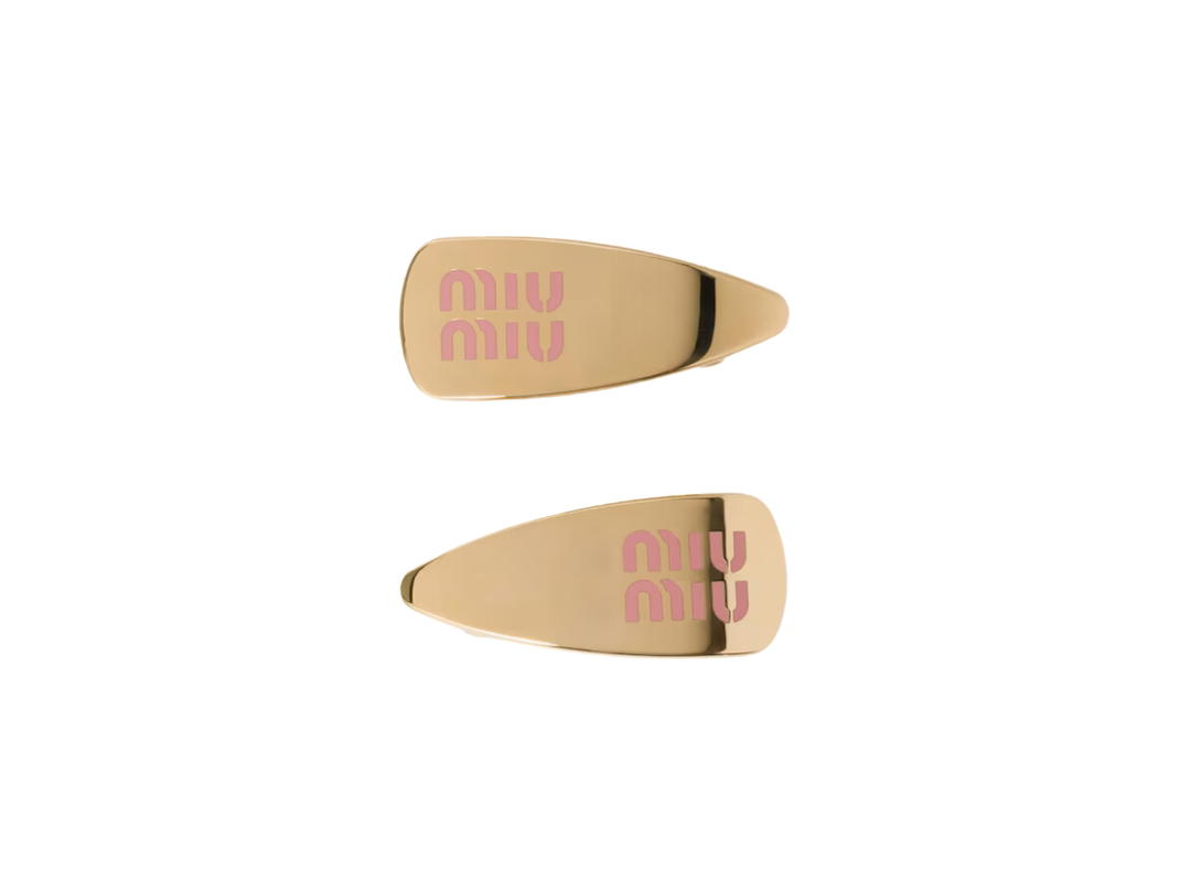 Miu Miu Miu Miu Enameled Metal Hair Clips In Visible Logo Orchid Pink