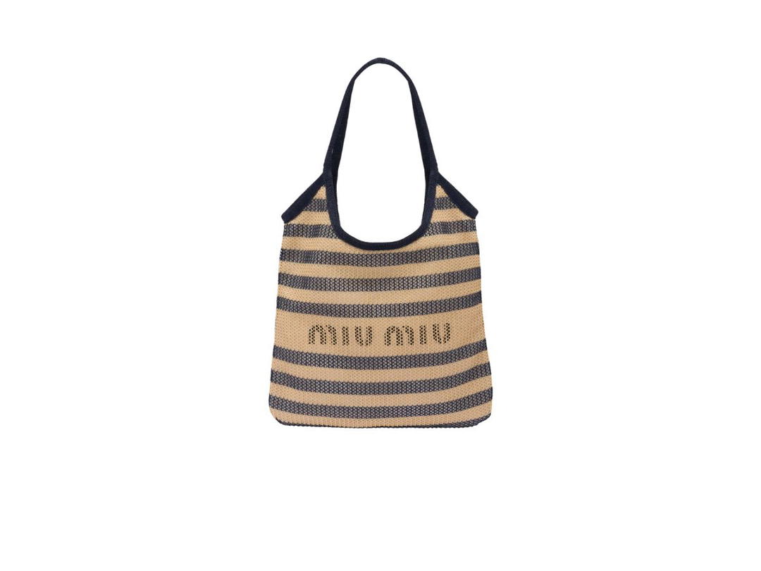 Miu Miu Miu Miu Fabric And Linen Tote Bag With Steel Hardware Blue Beige