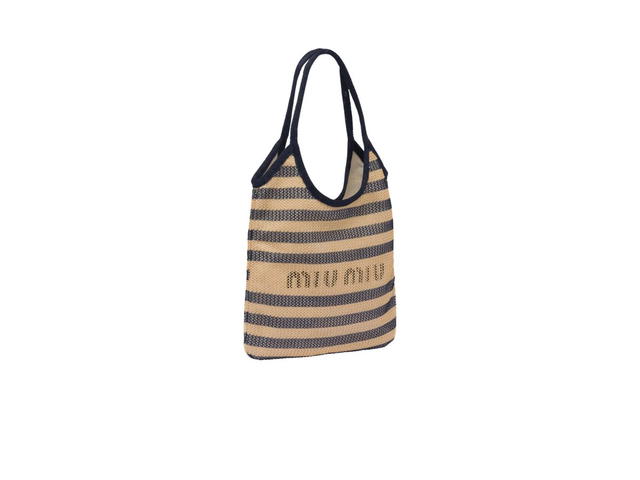 Miu Miu Miu Miu Fabric And Linen Tote Bag With Steel Hardware Blue Beige - view 2