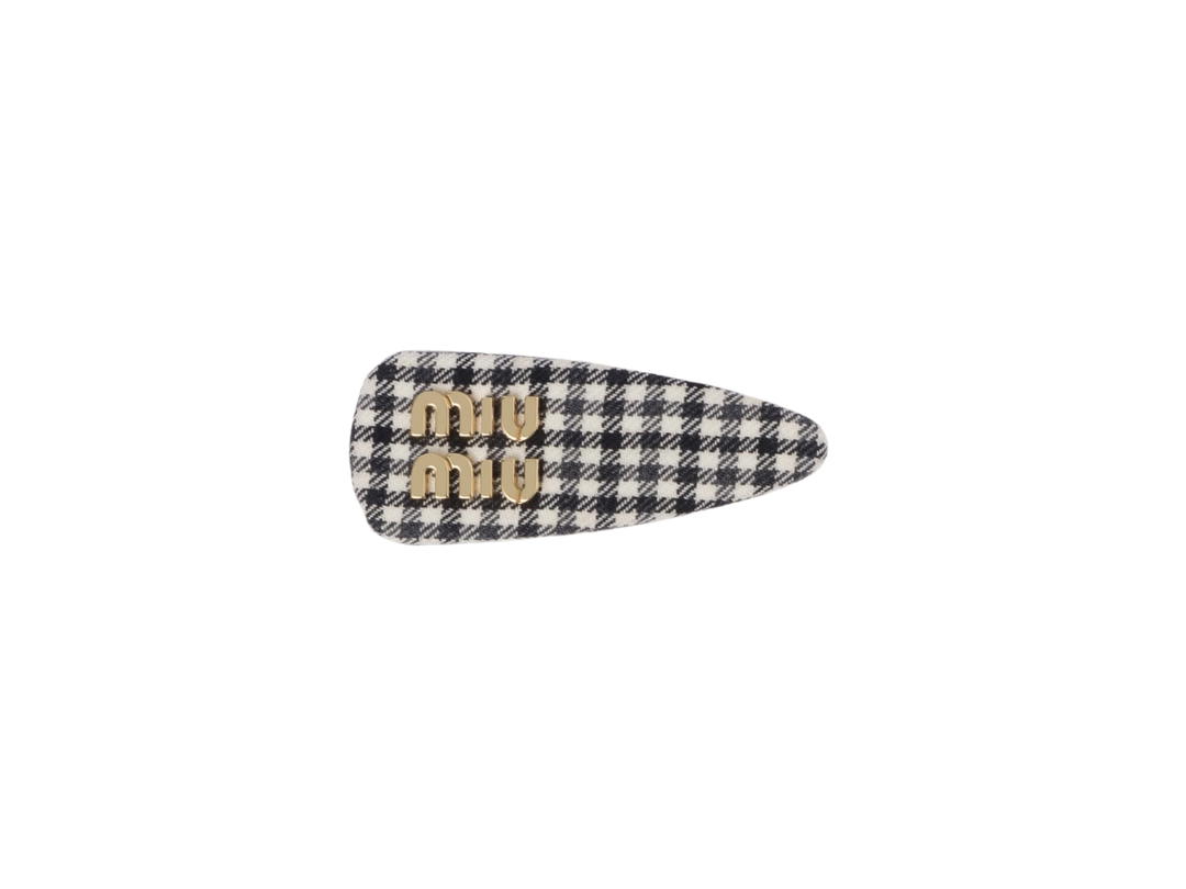 Miu Miu Miu Miu Gingham Check Wool Hair Clip In Fabric With Metal Lettering Logo Black-White
