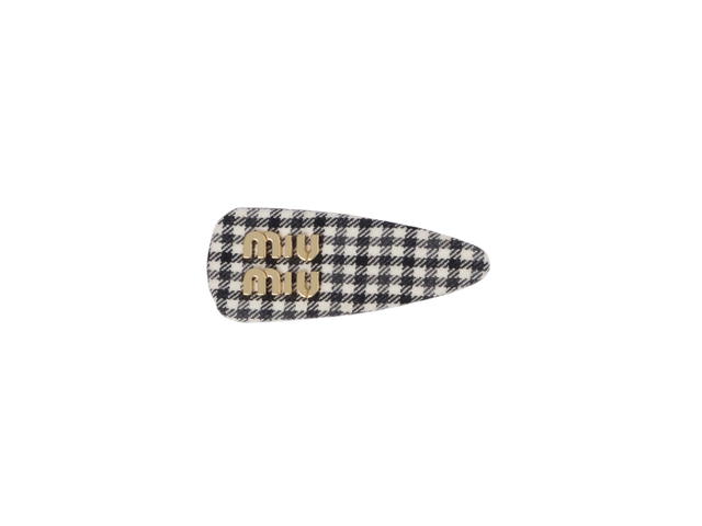 Miu Miu Miu Miu Gingham Check Wool Hair Clip In Fabric With Metal Lettering Logo Black-White - view 1