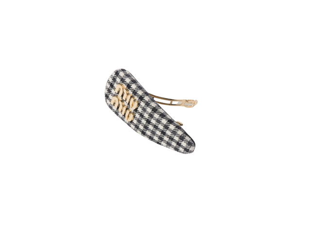 Miu Miu Miu Miu Gingham Check Wool Hair Clip In Fabric With Metal Lettering Logo Black-White - view 2