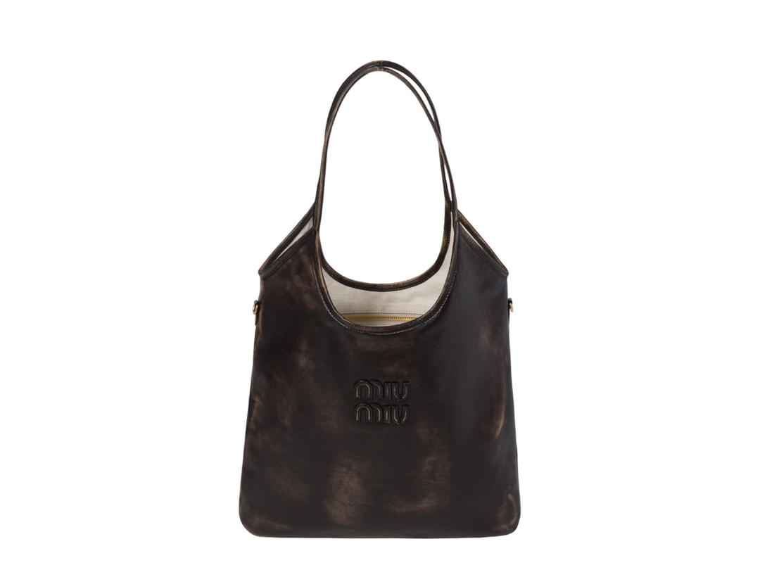 Miu Miu Miu Miu Ivy Leather Bag In Leather-Embossed Lettering Logo With Gold-tone Hardware Sand Coffee