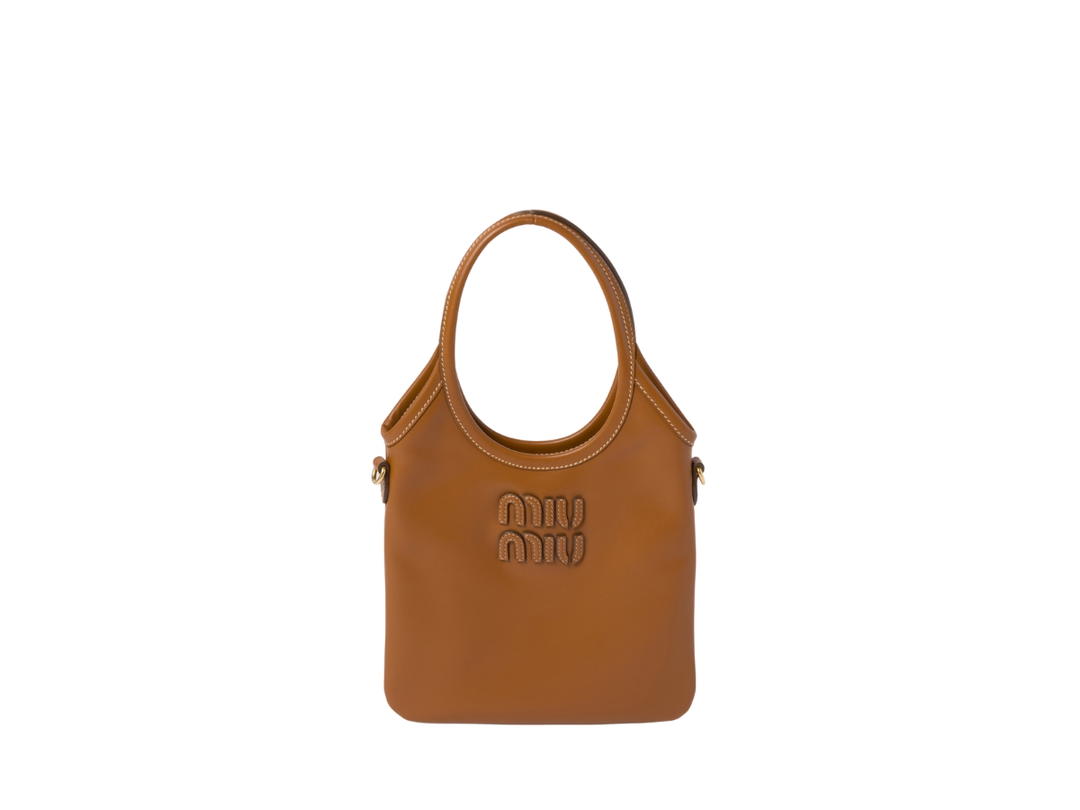 Miu Miu Miu Miu Ivy Leather Handbag Mini In Calfskin-Lettering Logo With Gold-tone Hardware Cognac