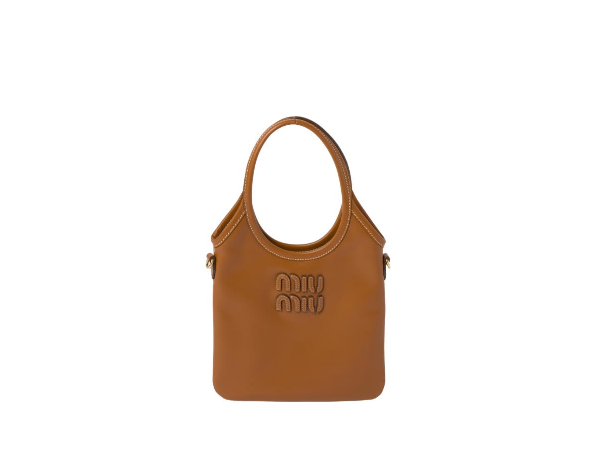 Miu Miu Miu Miu Ivy Leather Handbag Mini In Calfskin-Lettering Logo With Gold-tone Hardware Cognac