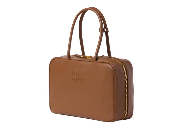 Miu Miu Miu Miu Leather Beau Bag With Cotton Satin Lining And Double Zipper Pocket Cognac - view 3