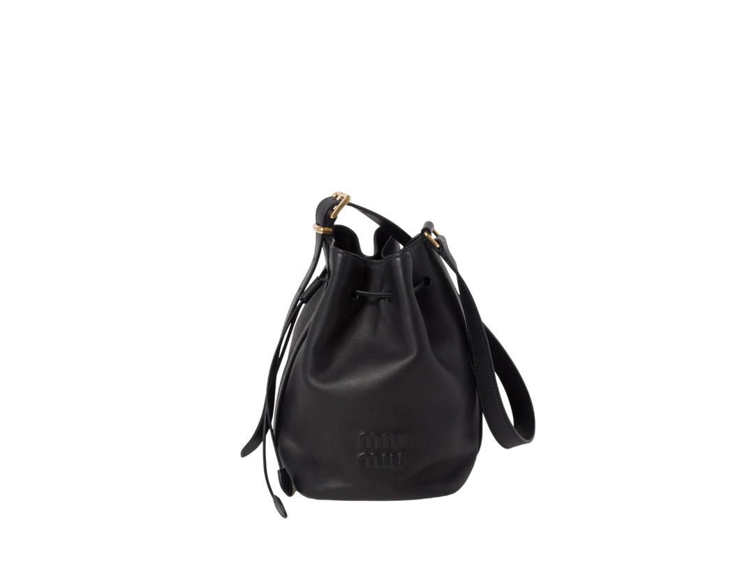 Miu Miu Miu Miu Leather Bucket Bag In Leather-Emboss Lettering Logo With Gold-Tone Hardware Black