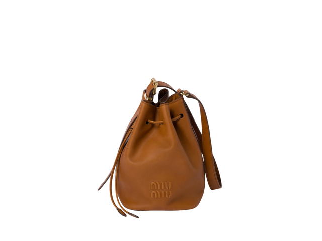 Miu Miu Miu Miu Leather Bucket Bag In Leather-Emboss Lettering Logo With Gold-Tone Hardware Cognac - view 1